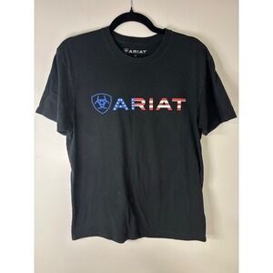 Ariat Mens T Shirt Black Short Sleeve Crew Neck American Flag Logo‎ Size M
